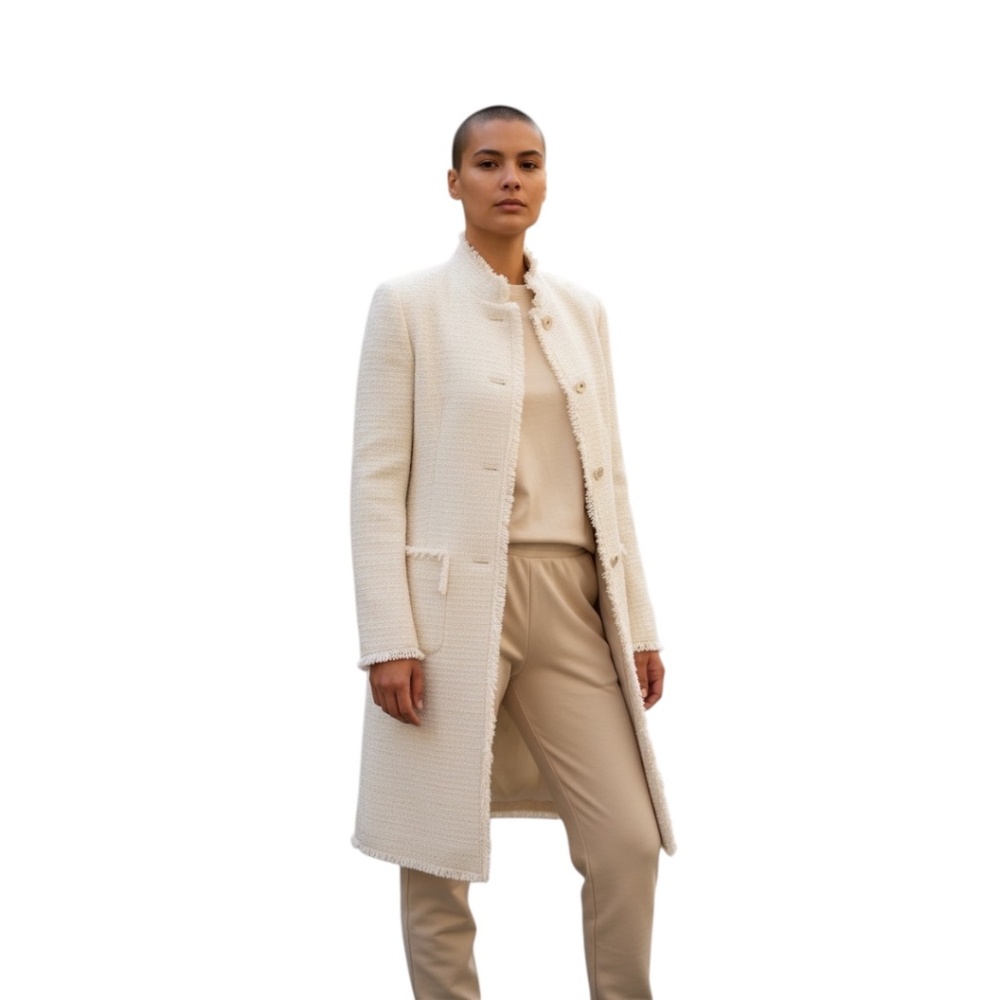 Zara Women's Collarless,‎ Fringe-Trimmed Tweed or Bouclé Ivory Overcoat